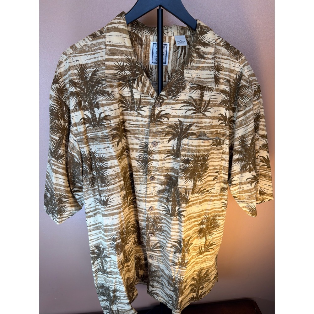 Roundtree & Yorke Mens XL Cotton‎ Palm Tree Tropical Camp Shirt Brown Tan Stripe